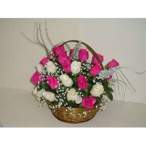 Pink and White Roses with Babys Breath in Basket with Handle (14tall 