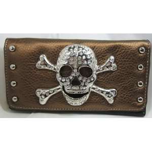 Rockabilly Gothic Skull Buckle with Crystals Tri Fold Wallet   Bronze 
