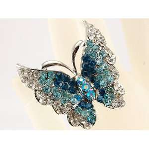   Blue Sparkle Silver Tone Flying Butterfly Hand Costume Adjustable Ring