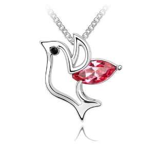 18K Gold Plated Red Genuine Crystal Bird Shaped Pendant Necklace, Free 