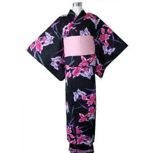  Kimono Yukata Black with Pink & Purple Lilies + Obibelt 