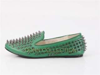 LADIES WOMEN GREEN RED GRAY LOAFERS SHOES FLAT SPIKE PUNK STUDDED 