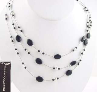 Sleek Sterling Silver Plate Black Bead Cord Necklace  