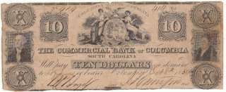 1850 Commercial Bnk Of Columbia S.C. $10 Note Currency  