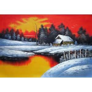 Snow Coverd Cottage in Winter Forest at Christmas Oil Painting 24 x 
