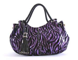 Louise PURPLE Velvet Zebra Design Tasseled Oversized Satchel Bag Purse 