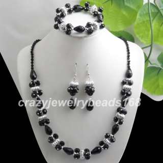 Black Crystal Beads Gem Necklace Bracelet Earrings SET M102  