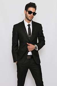   Men Suit Trim Collar Black 2 Button Flat Front Pants Zara Style Suit