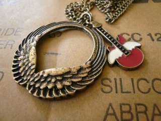 Antiqued Bronze Angel wings Guitar Pendants necklace.  