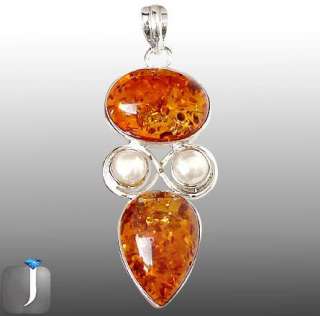 DAINTY BALTIC AMBER OVAL PEARL ROUND 925 STERLING SILVER ARTISAN 