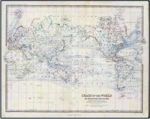 1861 antique WORLD MAP old port distances old JOHNSTON  