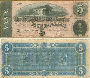 1864 $5 CONFEDERATE (CSA) CIVIL WAR CURRENCY NOTE NICE  