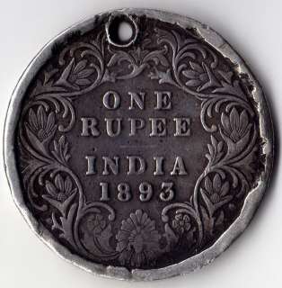 India 1893 One Rupee QV Antique 925 Silver Coin Charm  
