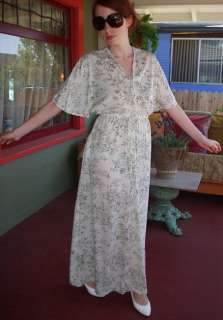 vintage 70s dress KIMONO angel SLEEVE CINCH WAIST GRAPHIC FLORAL long 