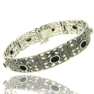    Sterling Silver Genuine Black Onyx Marcasite Bracelet Jewelry