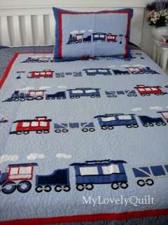 Blue TRAIN Applique Bedspread Quilt set TWIN Single BOY  