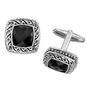   Textured Cufflinks Set with Multi Facet Black Center Stone Jewelry
