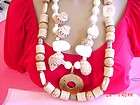 VINTAGE CARVED WOOD OX BONE SHELL NECKLACE SUN #152