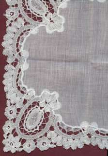 GORGEOUS FRENCH ANTIQUE HANDKERCHIEF with lace edging  handmade  
