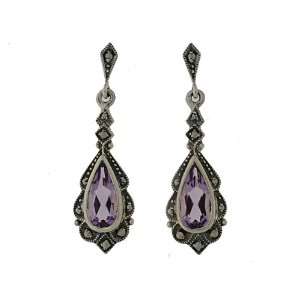    925 Sterling Silver Amethyst & Marcasite Drop Earrings Jewelry
