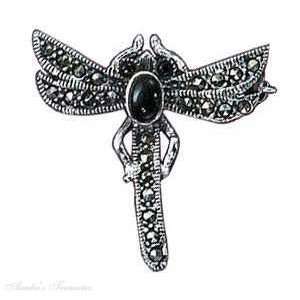    Sterling Silver Black Onyx Marcasite Dragonfly Brooch Pin Jewelry