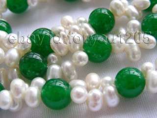 22 3rows Natural White Pearl Green Jade Necklace 14k  
