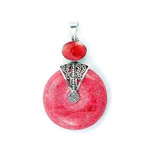   Coral Marcasite 925 Sterling Silver Pendant 2.8x1.7 Inches. Jewelry