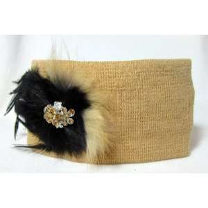  Tan Brown Ear Warmer Knit Winter Headband with Fur and 
