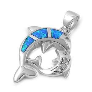  Sterling Silver & Blue Opal Double Dolphin Pendant 