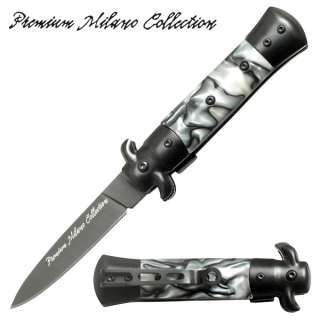 Black Stiletto Style Spring Assisted Pocket Knife   White Pearl Handle 