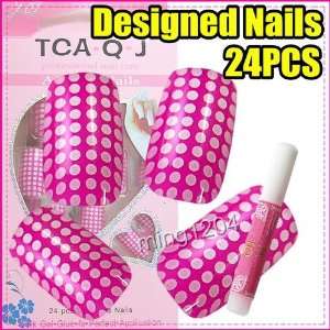   Pink Dot 24pcs Acrylic False Nail Tips + Glue 221 