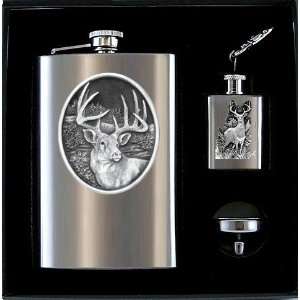  Whitetail Deer Buck 3 Piece Flasks & Funnel Gift Set with 
