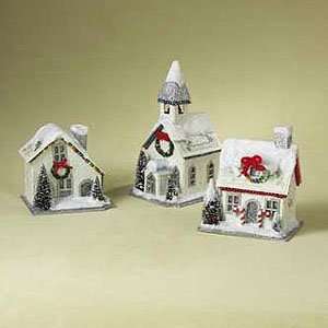    Set of 3 Large Silver White Houses Light Up