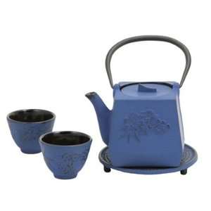  Blue Peony Flower Iron Cast Tea Set