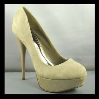 Womens round toe high heel pumps. Covered platform and stiletto heel.