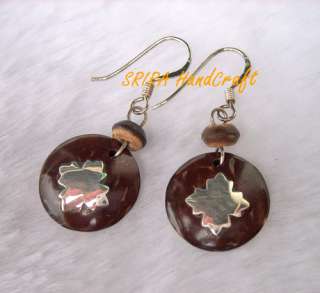 Earrings, Coconut Shell, Inlaid Sterling Silver 92.5  