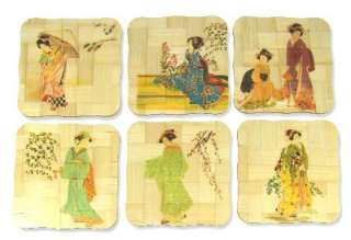 6pc japanese geisha bamboo cup coaster w holder 13032 shipping weights