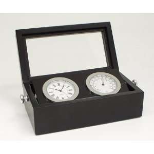  Chrome Clock & Thermometer Weather Station in Black Box w 