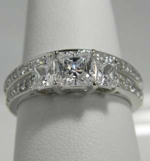 52 CTW PRINCESS CUT 3 STONE WEDDING RING SET WITH ACCENTS SOLID .925 