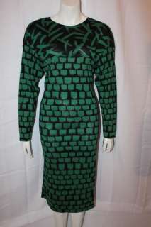 MISSONI Vtg 80s Women Green Brick Design DRESS Sz L  