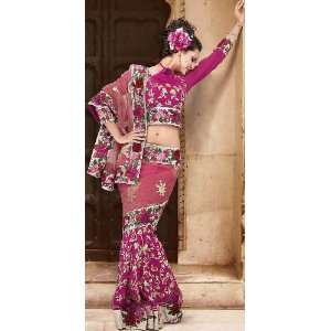  Rose and Purple Sari with Floral Embroidery and Sequins 