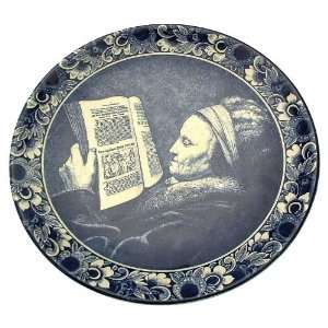   white pottery plate old lady reading newspaper CP1557