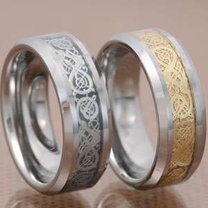   Carbide Silver/Gold Dragon Celtic Scroll Inlay Ring Mens Wedding Band