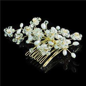 Bridal Flower Pearl Hair Comb Tiara Clear Rhinestone Crystal Floral 