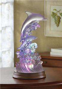 Frosted GLASS DOLPHIN & Baby/ Waves STATUE w/ LED Light  