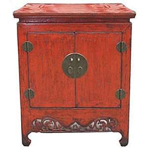   End Table   41 Chinese Antiqued Red Lacquer Cabinet