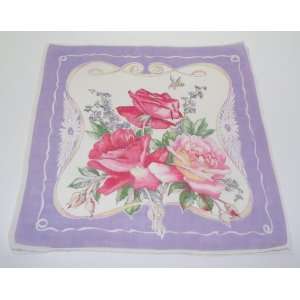  Vintage Red & Pink Roses With Violet Border Ladies Handkerchief 
