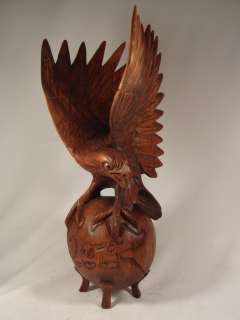   Carved Suar Wood Bald Eagle with Open Mouth on Globe Statue  