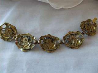 Vtg Antique Bohemian Garnet Ornate Brass Link Bracelet  