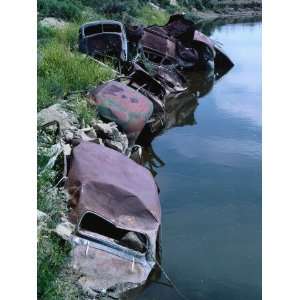 Rusted Hulks of Automobiles Lay on the Banks of a Body of Water Adding 